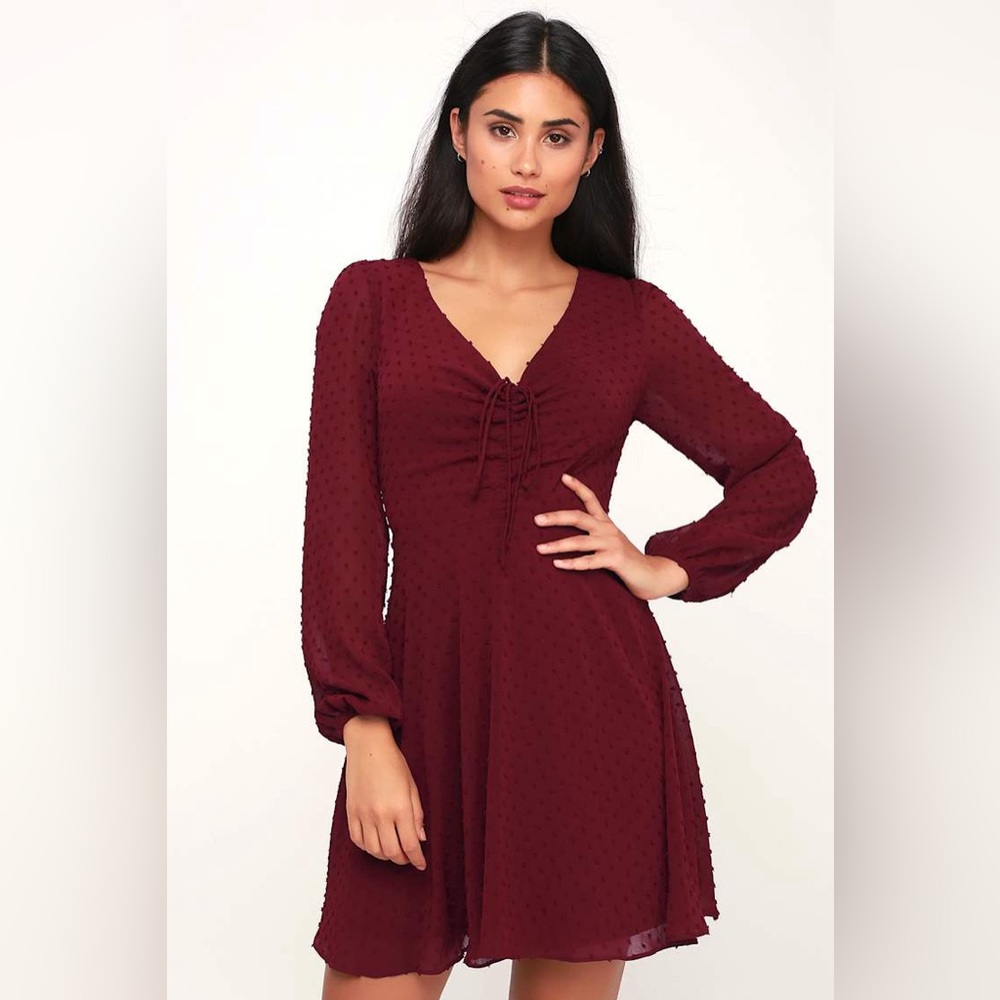 Lulu's Wine and Dine Burgundy Swiss Dot Long Sleeve Skater Dress Size Small